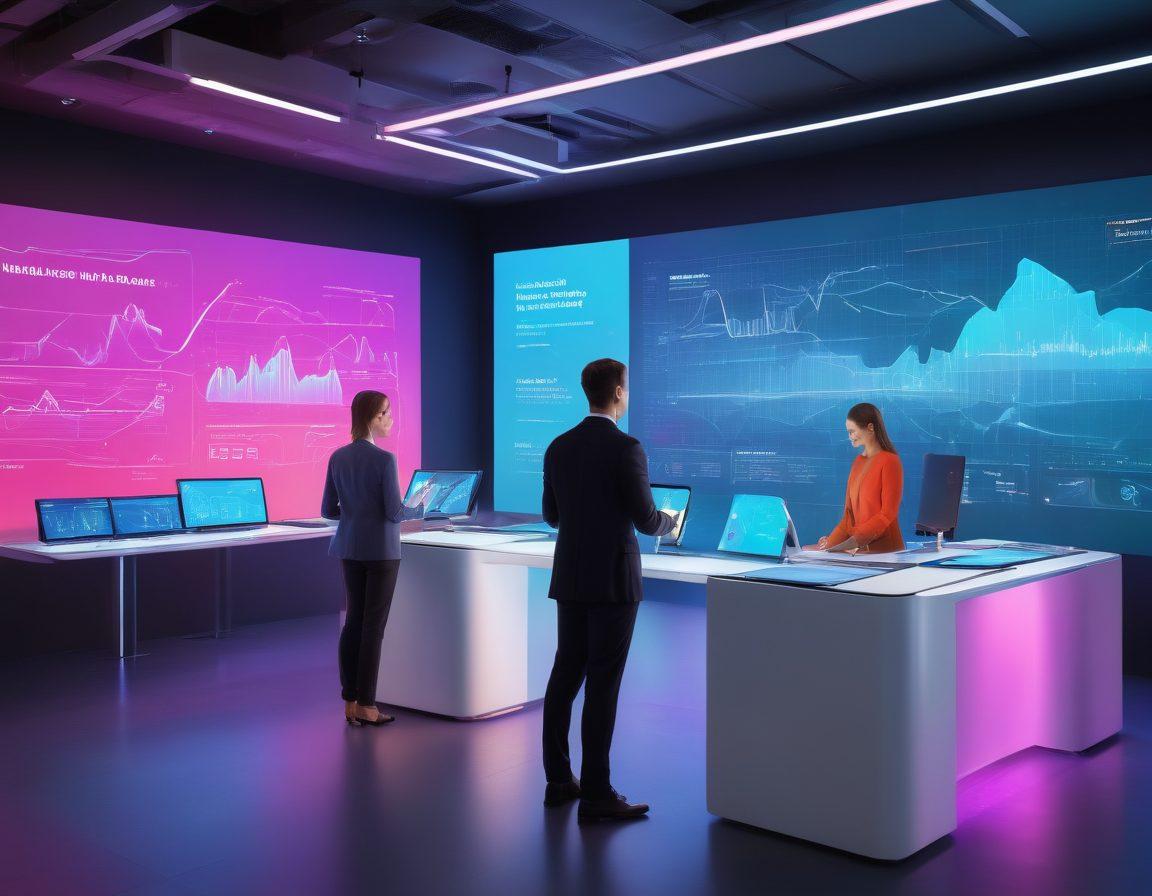 A futuristic workspace featuring diverse individuals engaged in smart insurance management, surrounded by digital tools like tablets and holographic displays showcasing insurance policies. Include elements like graphs and charts that symbolize empowerment and data analytics, with a warm, inviting atmosphere. Bright colors and modern designs should evoke a sense of innovation and reliability. super-realistic. vibrant colors. 3D.