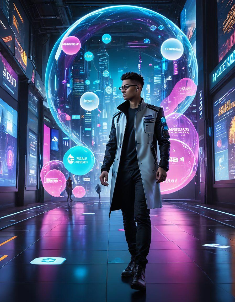 A futuristic scene depicting a traveler navigating through a digital landscape filled with quote bubbles representing insurance concepts, such as coverage, protection, and security. The traveler is using a holographic device to connect with a virtual insurance advisor, showcasing a blend of technology and guidance. Bright, engaging colors and digital elements create a vibrant atmosphere. super-realistic. vibrant colors. cyberpunk.